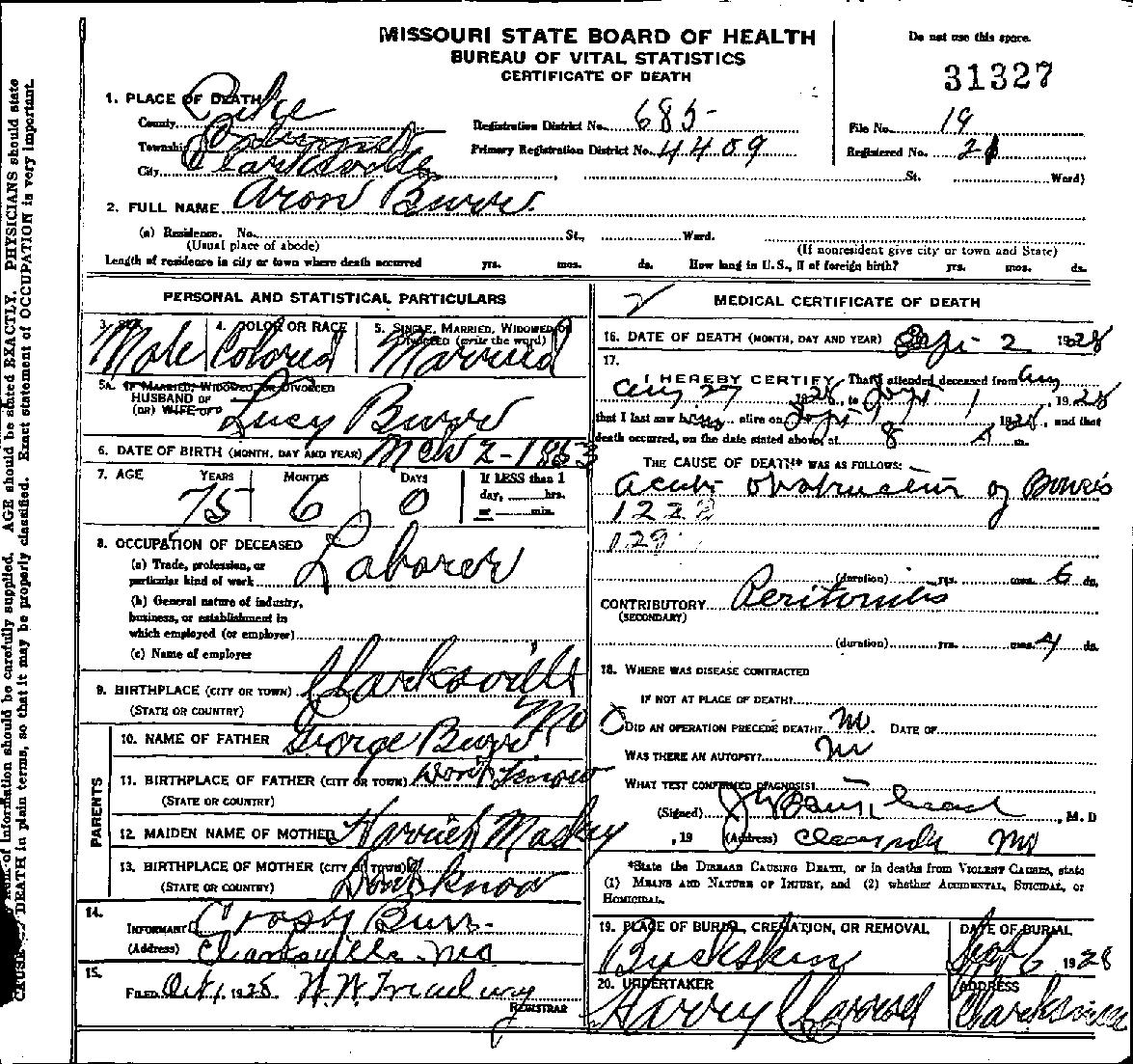 Aaron Burr (aka Aron or Erren) Death Cert