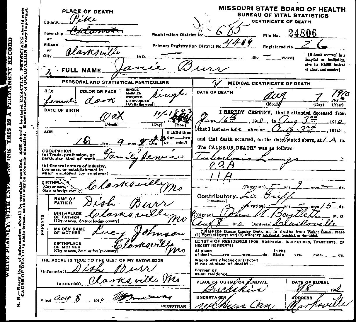 Janie Burr Death Cert