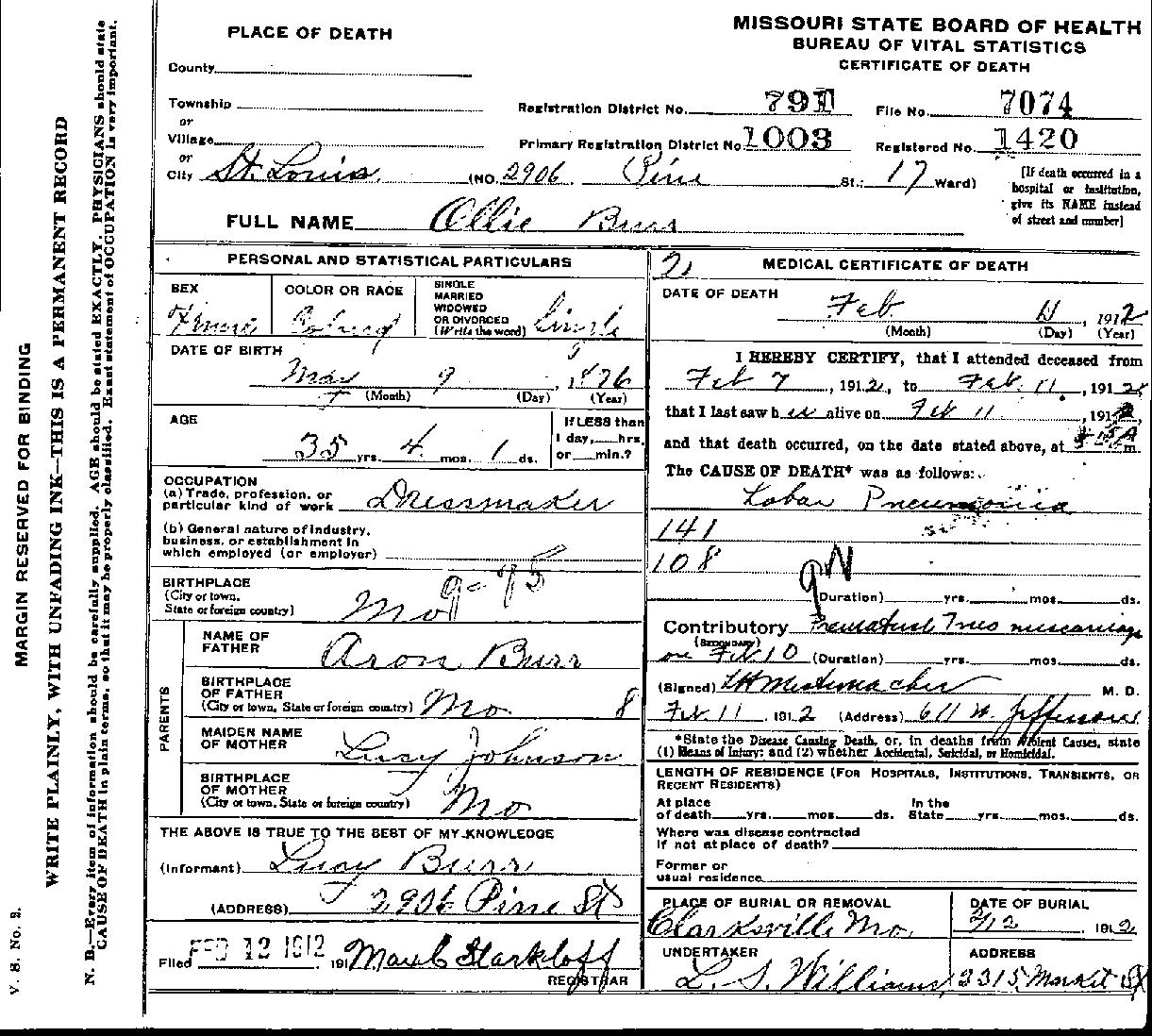 Ollie Burr Death Cert