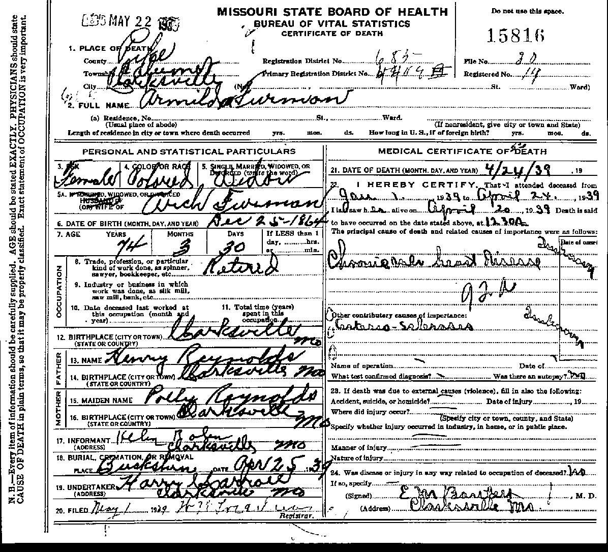 Armilda Reynolds Furman Death Cert