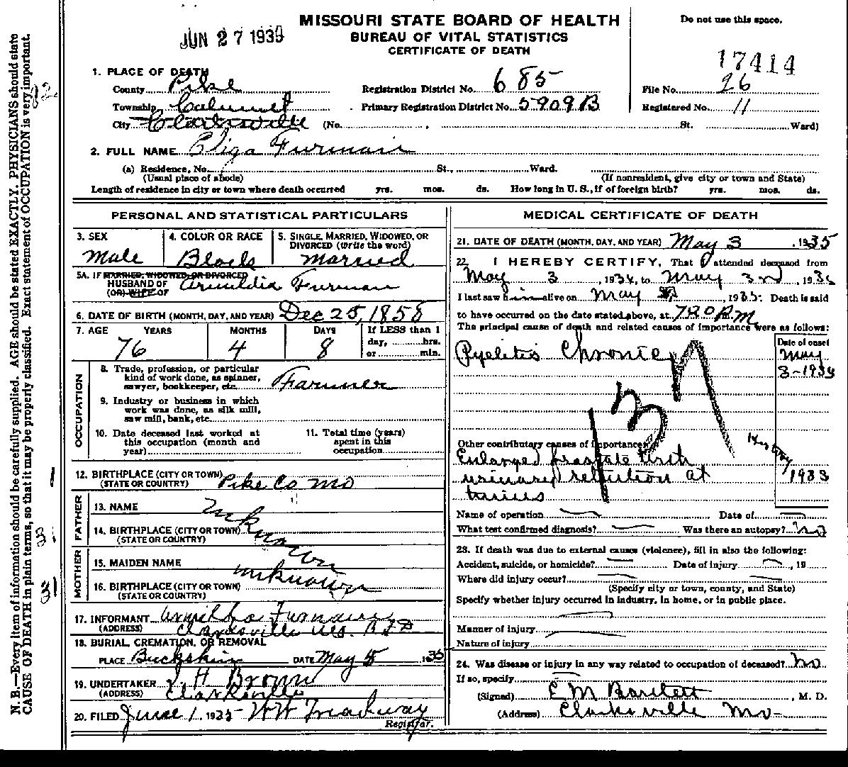 Eliga Furman Death Cert